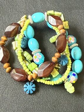 Multiple Strand Chunky Beaded Bracelet in Blue, Green and Brown